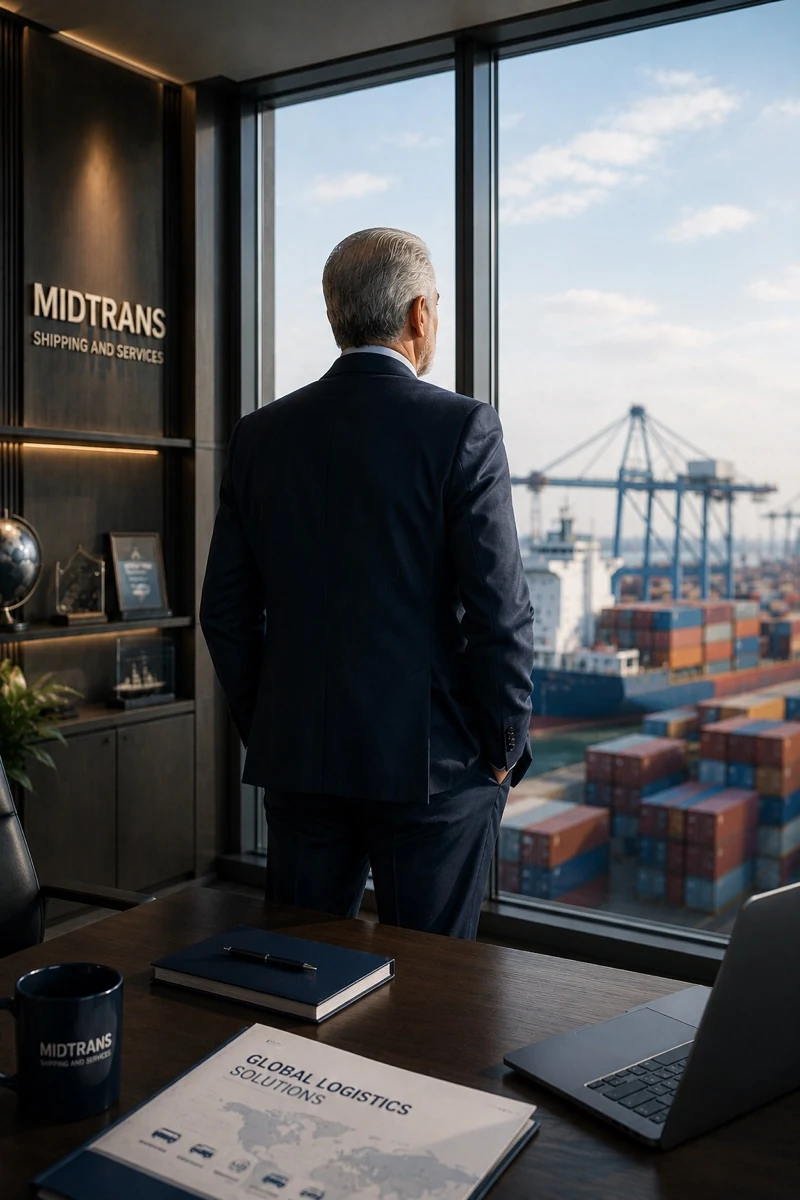 MIDTRANS logistics professional viewing container port operations from an office.
