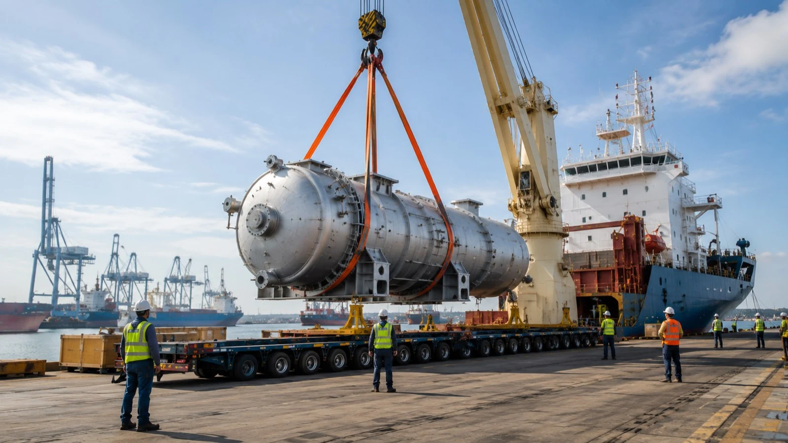 Industrial project cargo being handled at a modern seaport