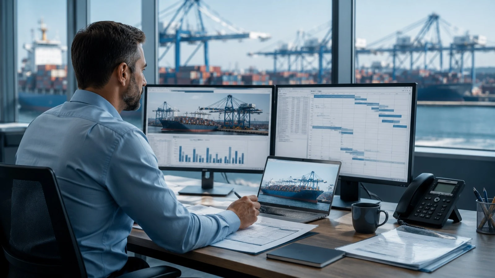Logistics coordinator reviewing freight planning information near a container port
