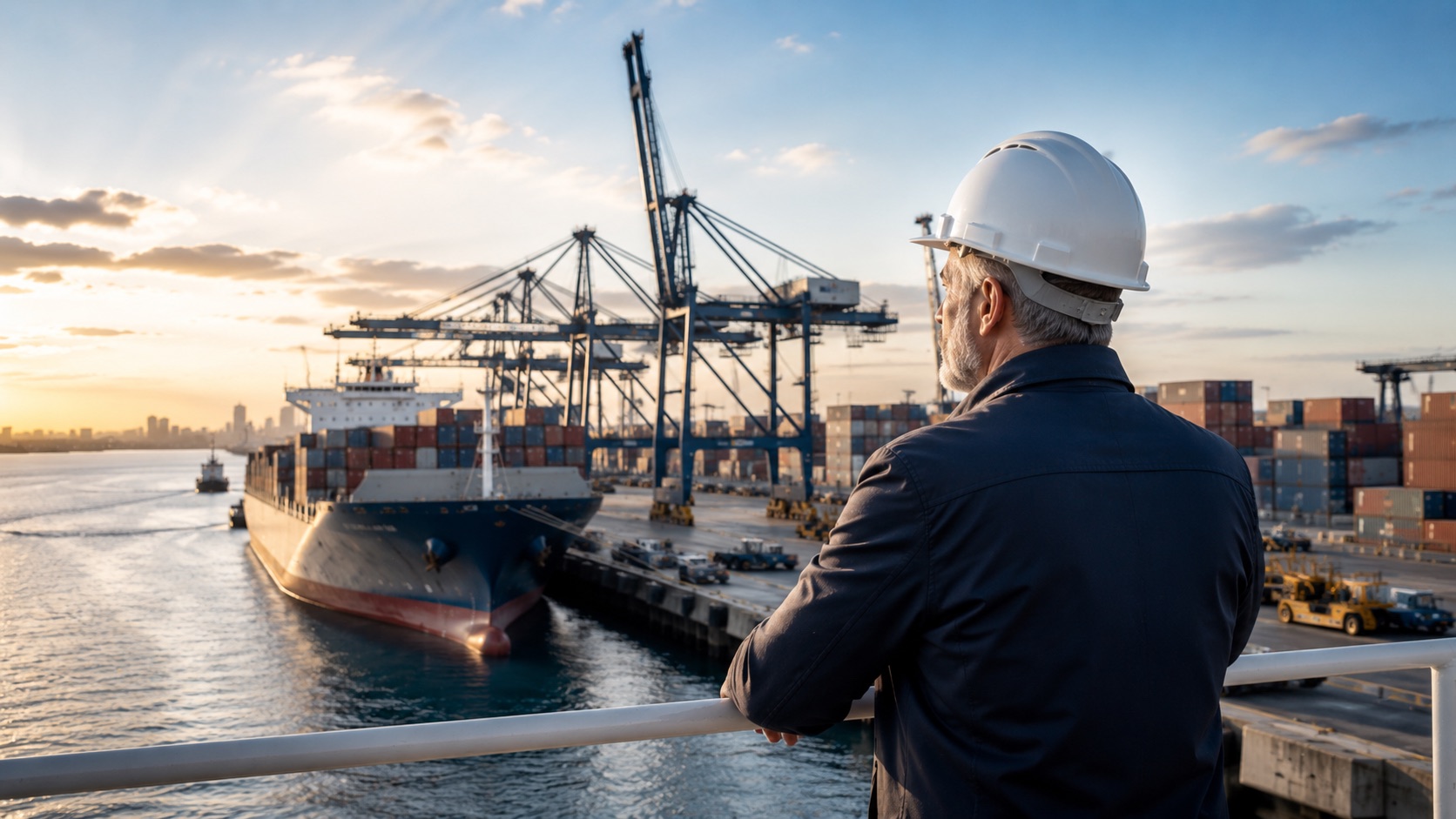 Senior logistics professional overlooking a container vessel and port terminal