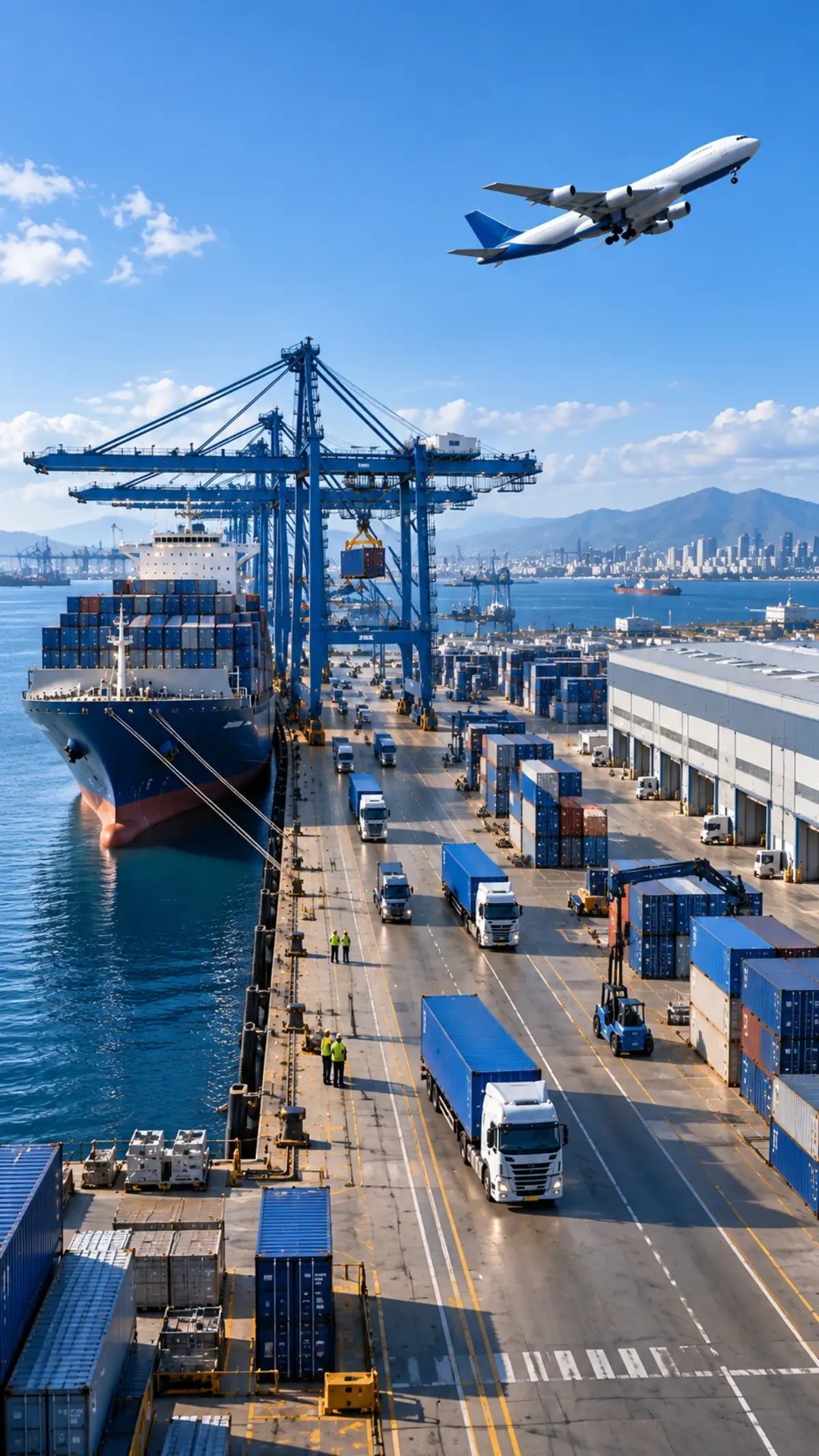 Integrated freight operations with container vessel, road trucks, warehouse handling, and cargo aircraft