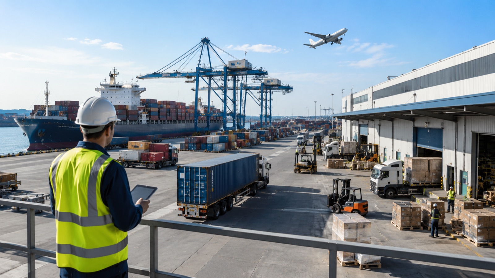 Integrated freight operations with container vessel, road trucks, warehouse handling, and cargo aircraft