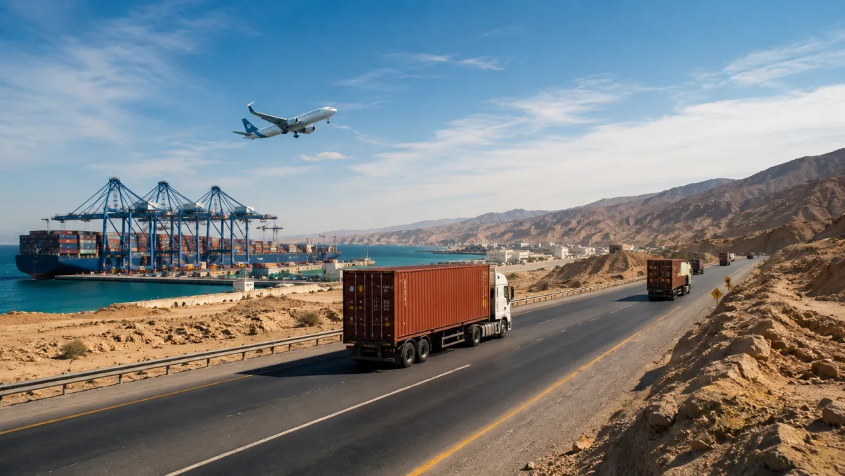 MIDTRANS multimodal freight — truck, container ship and aircraft