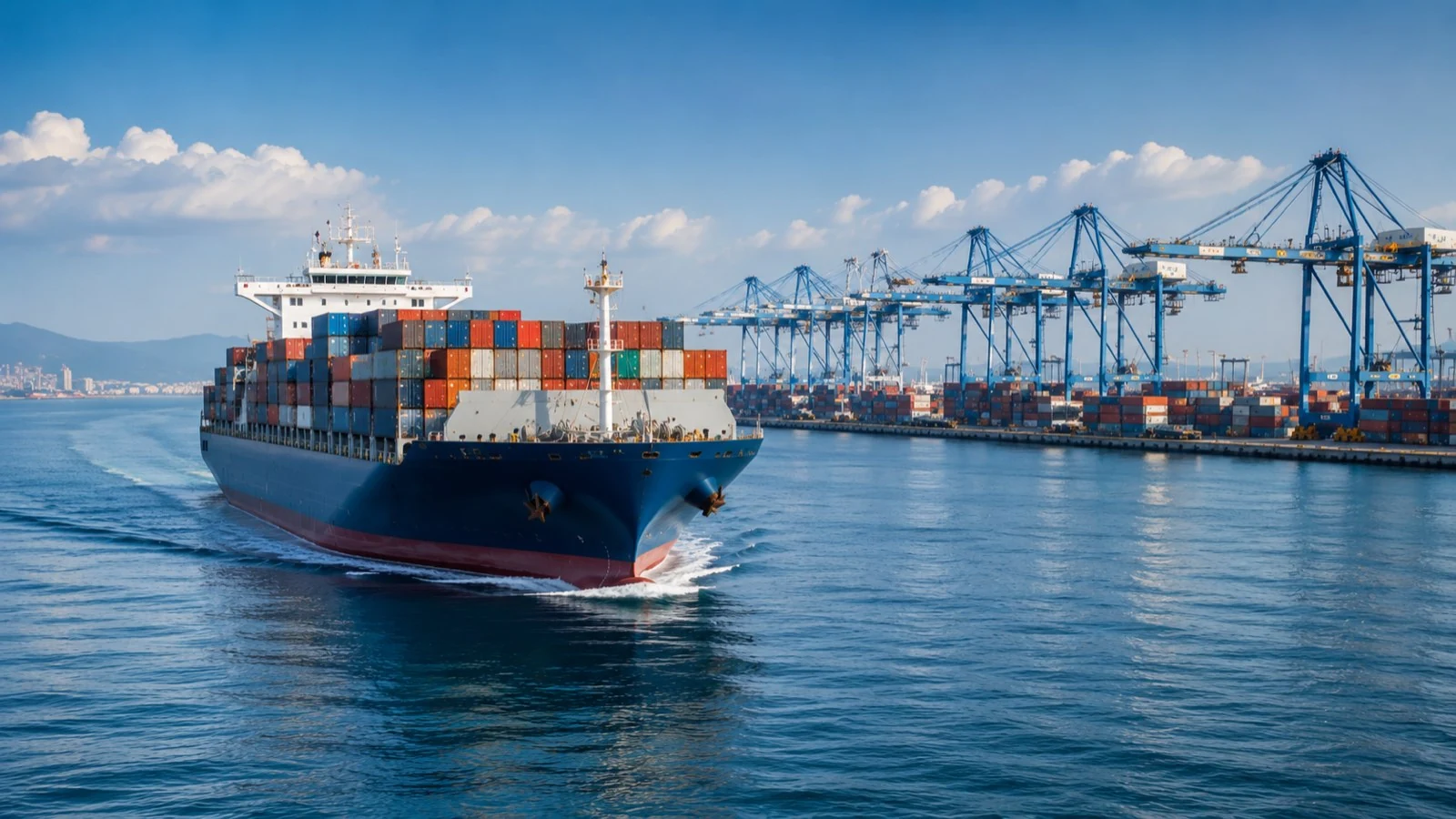 Container vessel approaching a modern international port terminal