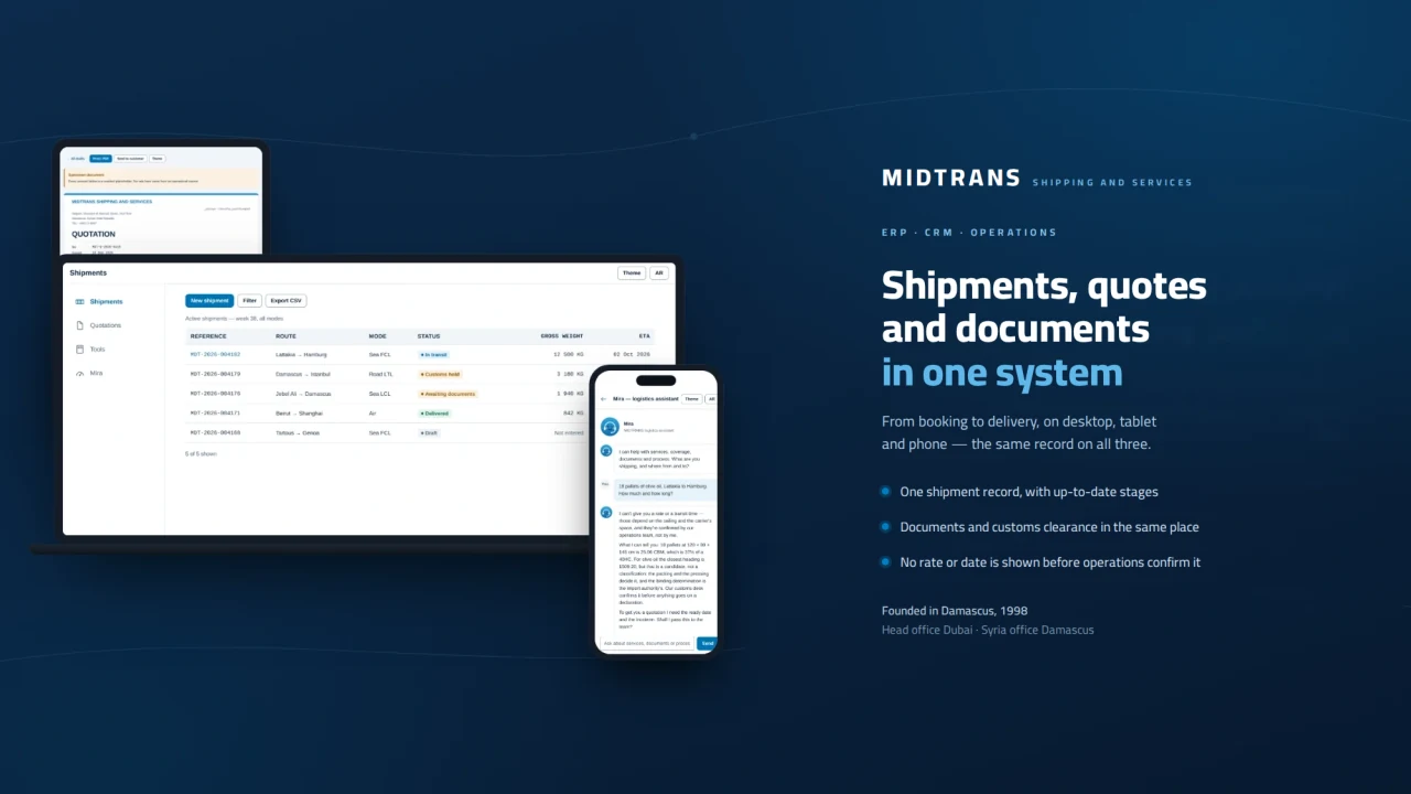 MIDTRANS platform: shipments, quotes and documents in one system, on desktop, tablet and phone